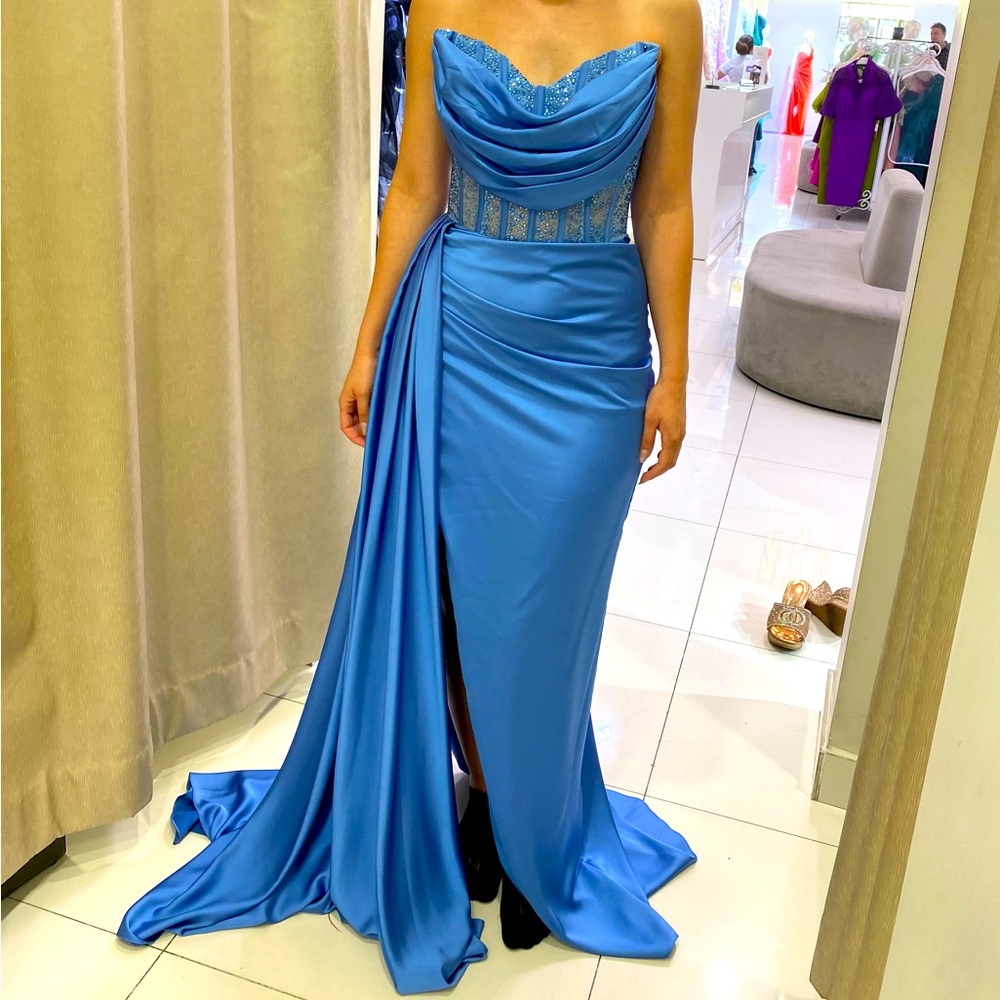 Brand new Satin blue Rhinestone corset maxi dress